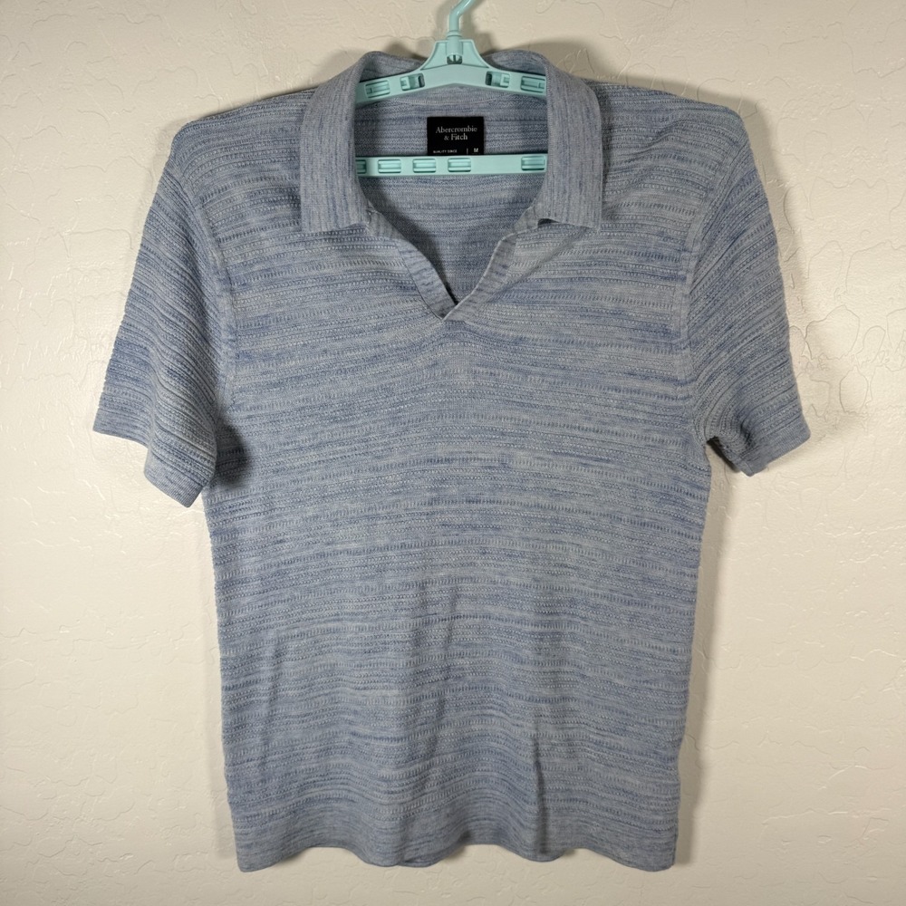 Abercrombie Fitch Polo Shirt Mens Medium Blue Knit Sweater Stretch Short Sleeve